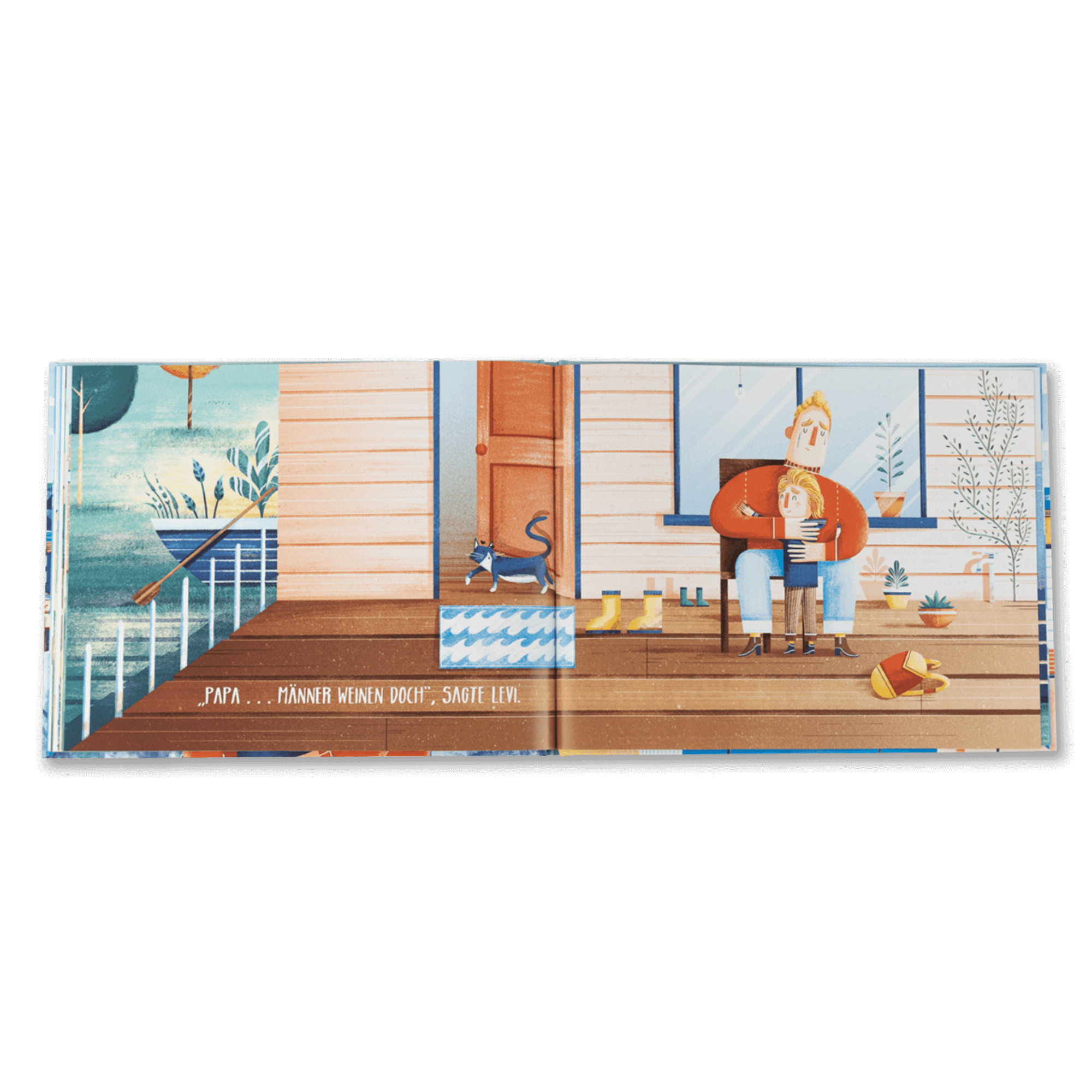 Ein illustriertes Buch aus dem Zuckersüß Verlag, "Das Paket für starke Jungs", zeigt ein Kind auf dem Schoß eines Erwachsenen, einen schlafenden Hund in der Nähe, ein Spielzeugboot auf der Treppe und den Text: "Papa ... Männer weinen doch", sagte Levi.