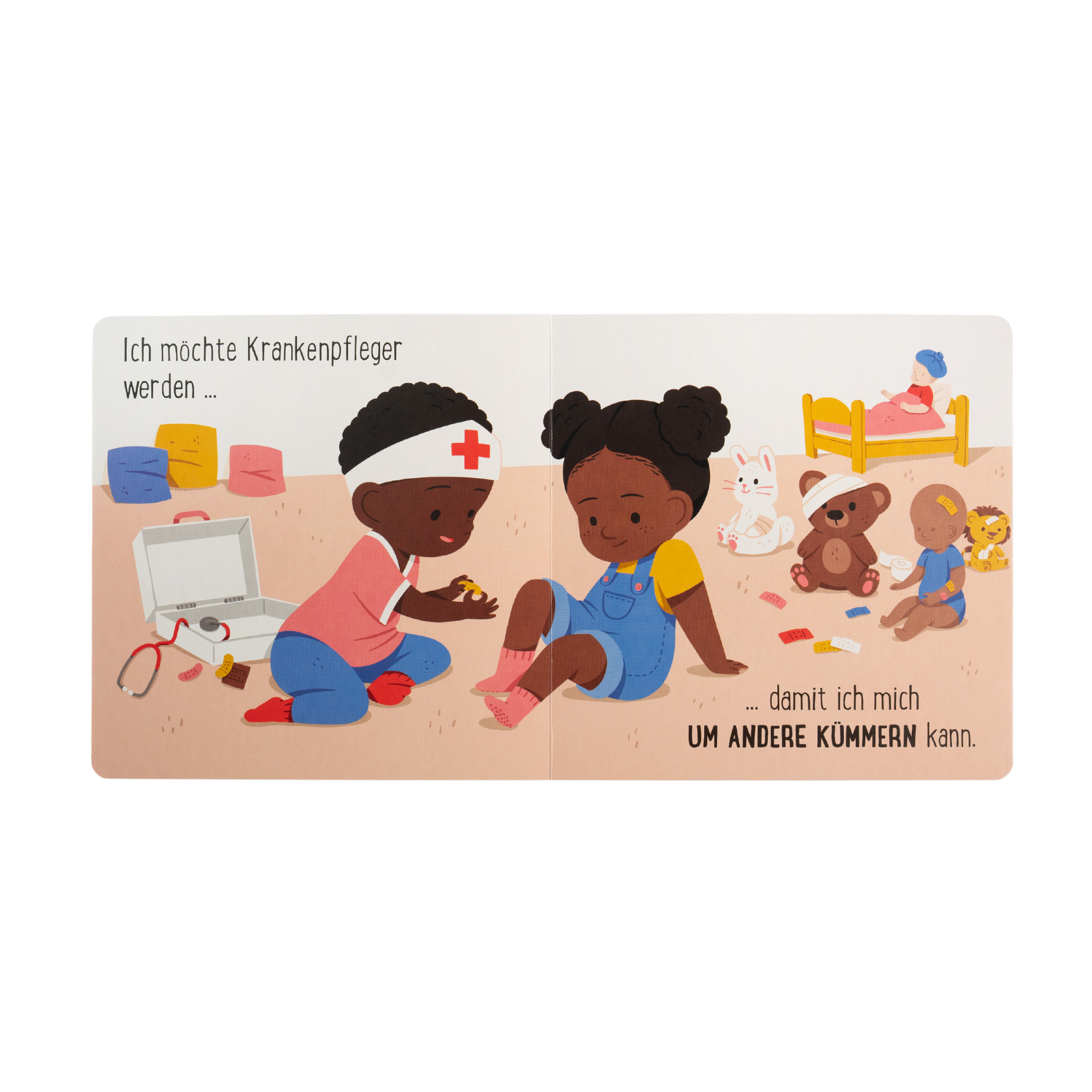 Zwei Kinder spielen mit Spielzeug und einem Erste-Hilfe-Kasten Arzt und brechen dabei Geschlechterrollen auf. Aus Susann Hoffmanns "Berufe sind für alle da & Gefühle sind für alle da" enthält das Papp-Bilderbuch einen Text, der Vielfalt und Inklusion betont.