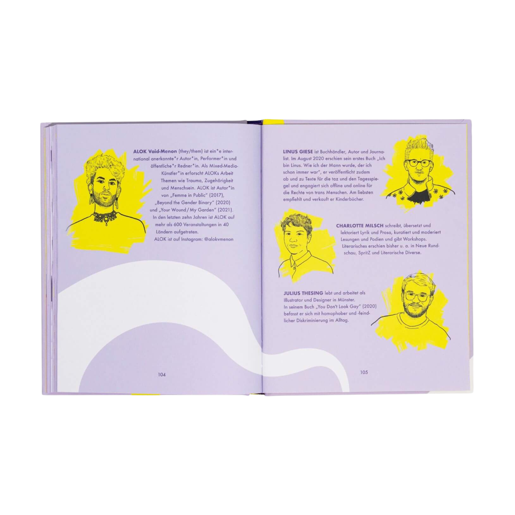 Das aufgeschlagene Buch "Mehr als binär" von Alok Vaid-Menon besteht aus violetten Seiten mit schwarzem Text und gelben Abbildungen von fünf Personen. Jedem Gesicht ist eine Kurzbiografie zugeordnet, die die Identität jenseits des binären Geschlechtersystems erforscht. Weiße Formen schmücken die Seite.