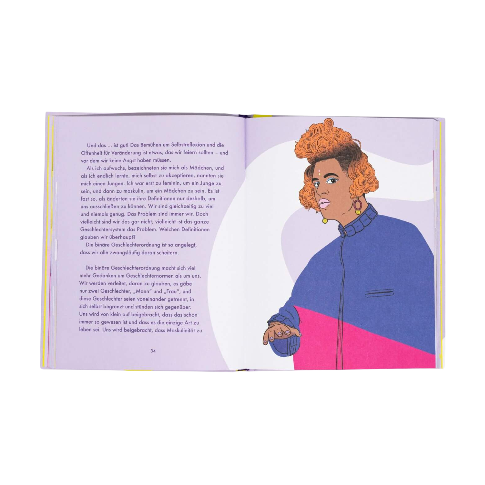 Das Buch "Mehr als binär" von Alok Vaid-Menon zeigt einen Text gegenüber dem lebendigen Porträt einer Person mit orangefarbenen Locken, Ohrringen und einer blauen Jacke.