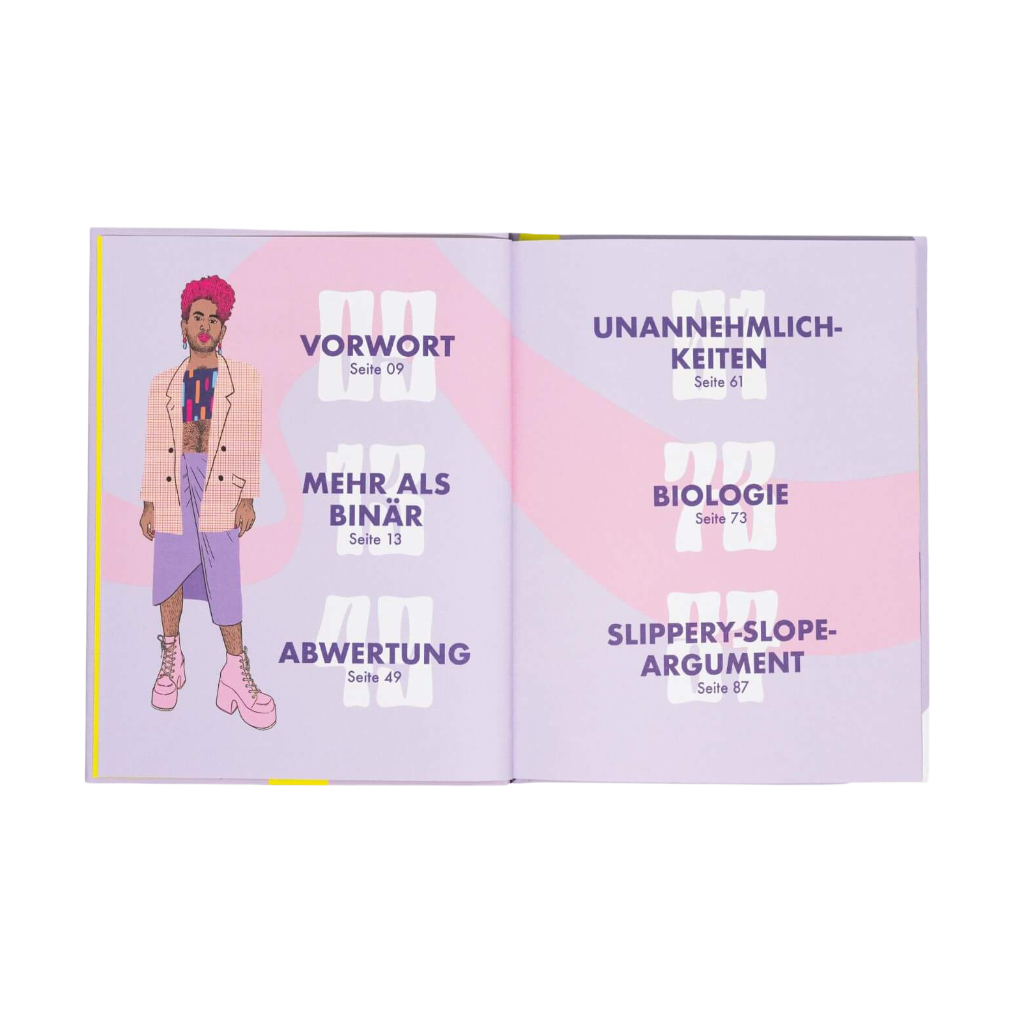 Das aufgeschlagene Buch "Mehr als binär" von Alok Vaid-Menon zeigt eine stilvolle Person mit rosa Haaren und Stiefeln, während auf der linken Seite ein Text auf violettem Hintergrund steht, der Inhalte wie Vorwort, Identität und gendernonkonforme Menschen auflistet.