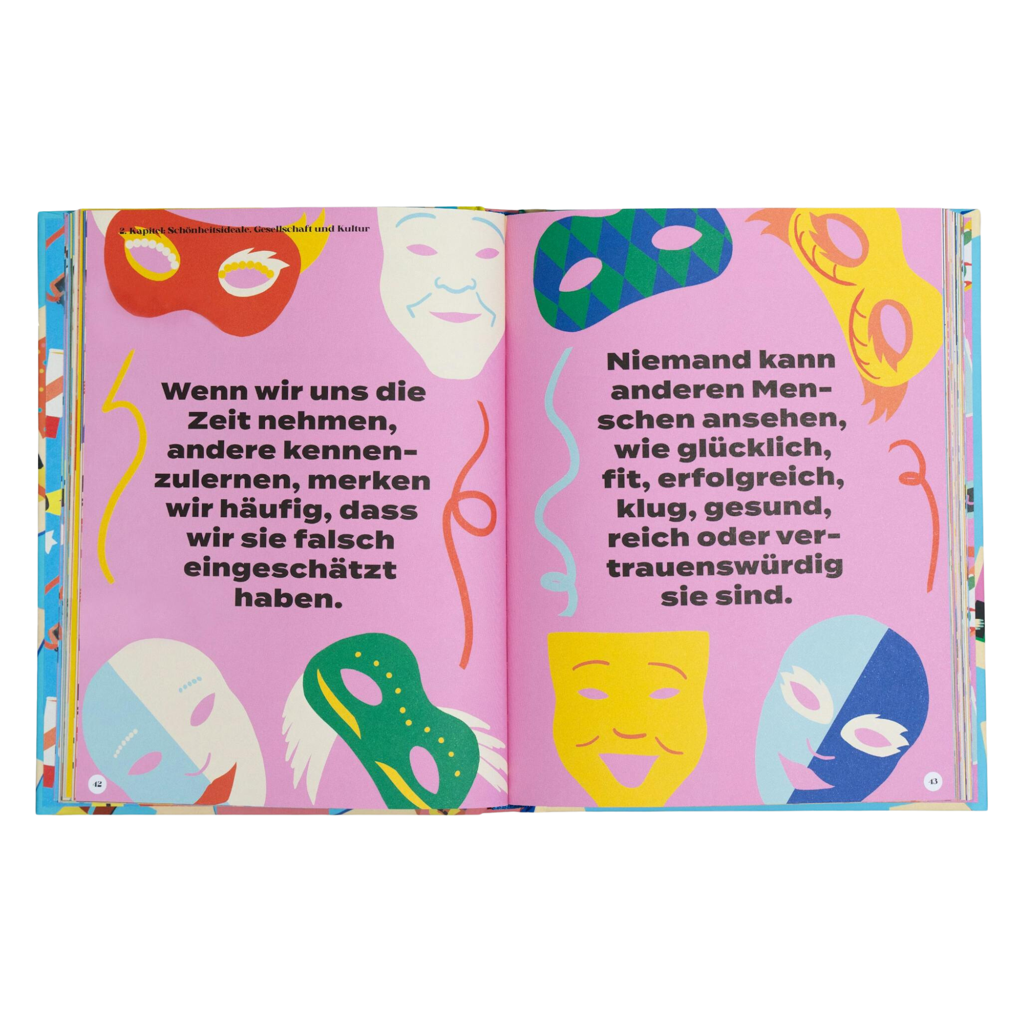 Eine illustrierte Doppelseite aus Das Body Confidence Buch von Prof. Dr. Phillippa Diedrichs zeigt farbenfrohe Karnevalsmasken auf Lila, mit einem Text, der hervorhebt, wie Selbstvertrauen und Körperbewusstsein uns helfen, über den ersten Eindruck hinaus eine Verbindung herzustellen.