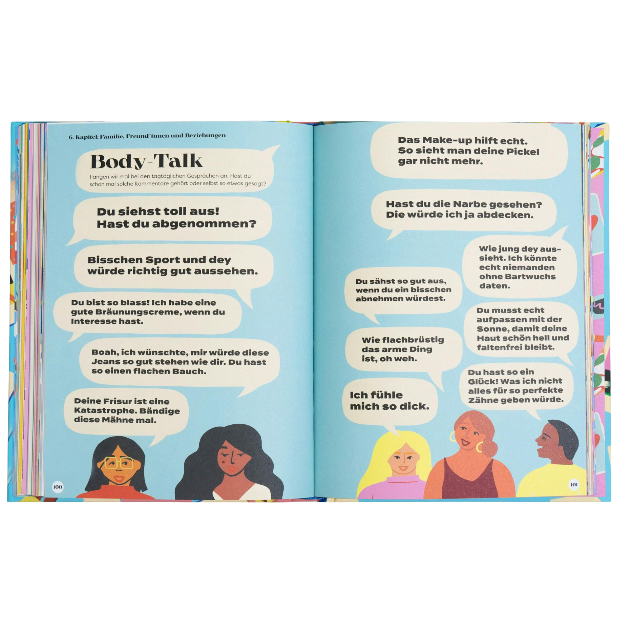 Eine aufgeschlagene Doppelseite von "Das Body Confidence Buch" von Prof. Dr. Phillippa Diedrichs zeigt eine Doppelseite zum Thema Body Talk und Körperbewusstsein, mit diversen illustrierten Personen und Sprechblasen, die positive Körperkommentare hervorheben.