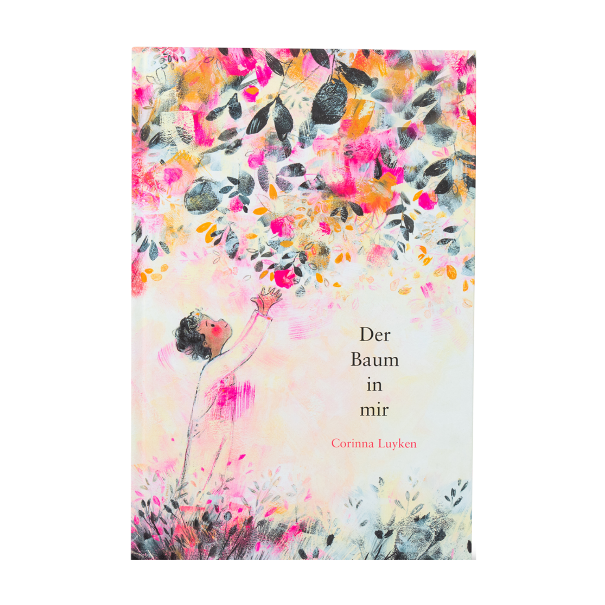 Das Cover von "Der Baum in mir" von Corinna Luyken zeigt ein Kind, das sich nach abstrakten Baumzweigen streckt, die mit rosa, orangefarbenen und grauen Blättern geschmückt sind. Der Titel und die Autorin erscheinen auf der rechten Seite.