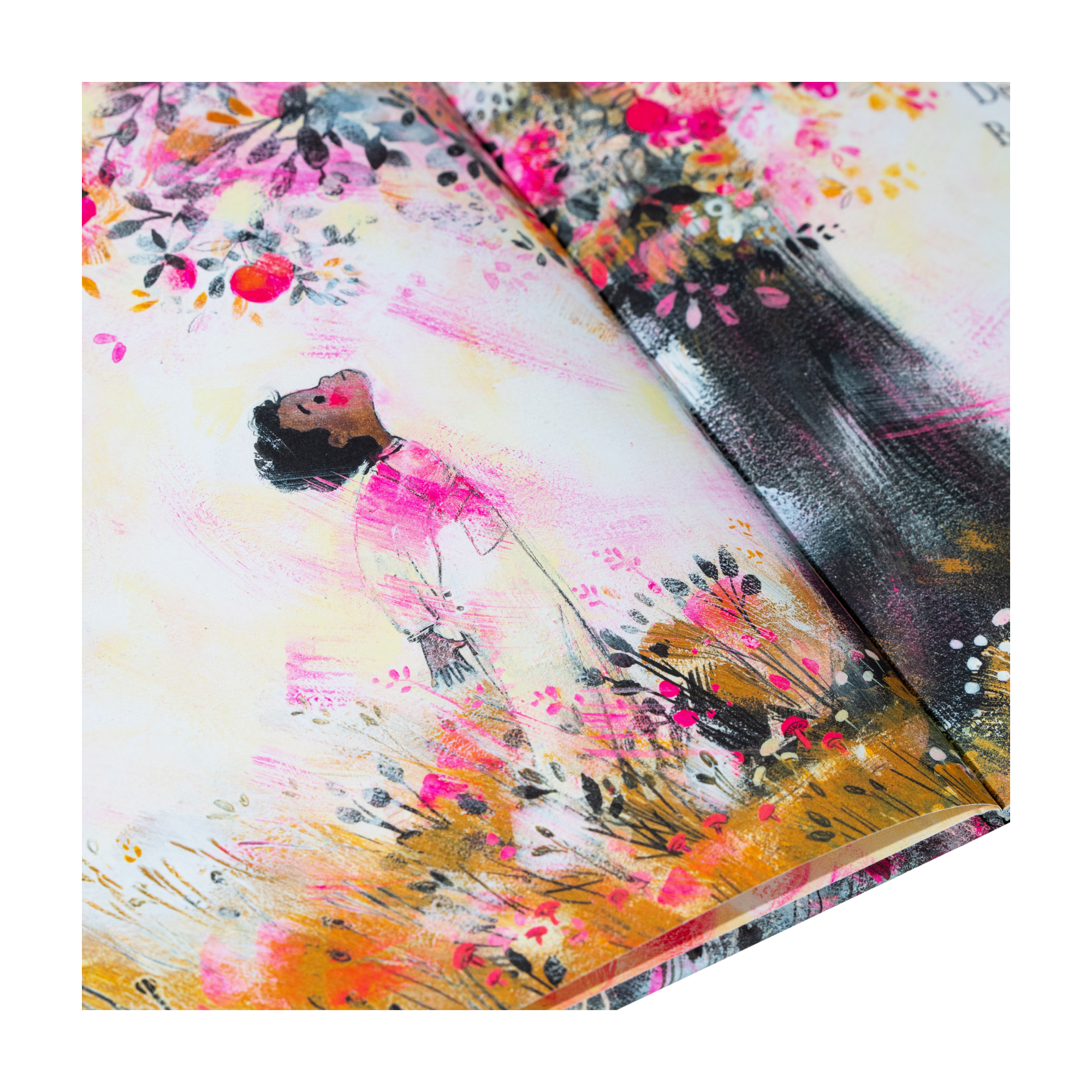 Eine Illustration aus "Der Baum in mir" von Corinna Luyken zeigt eine Person in einem rosa Kleid, die unter einem Baum mit rosa und orangefarbenen Blüten steht, umgeben von buntem Laub und abstrakten Pinselstrichen.