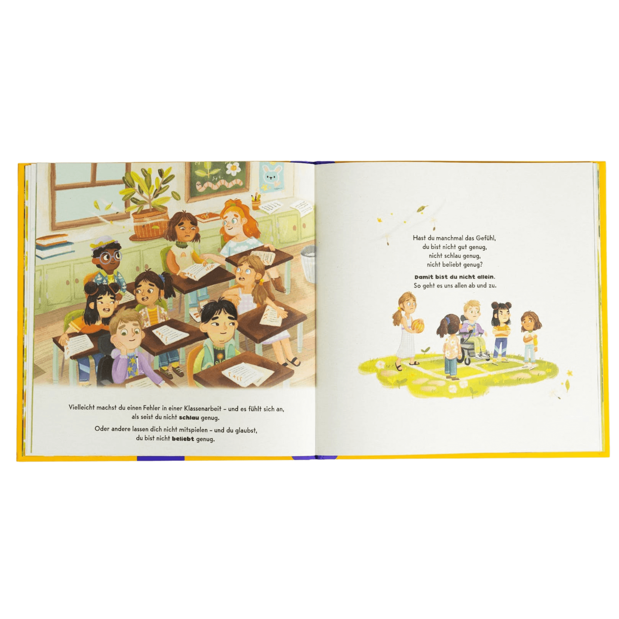 Das illustrierte Kinderbuch "Du bist genau richtig" von Jessica Sanders zeigt eine vielfältige Klasse links an Tischen und spielenden Kindern rechts. Der deutschsprachige Text vermittelt Selbstliebe und Zusammenhalt.