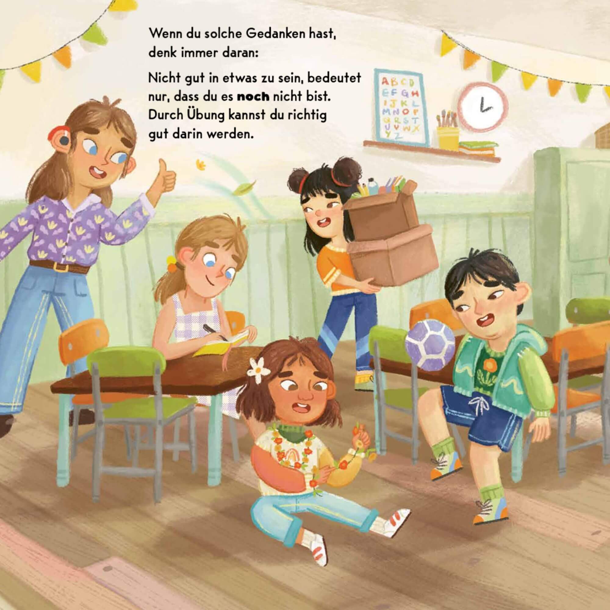 Inspiriert von dem Buch "Du bist genau richtig" von Jessica Sanders feiern vier fröhliche Kinder und ihre lächelnde Lehrerin Selbstliebe in einem lebendigen Klassenzimmer mit Blumen, einem Fußball, Wimpeln und bunten Wandbildern.