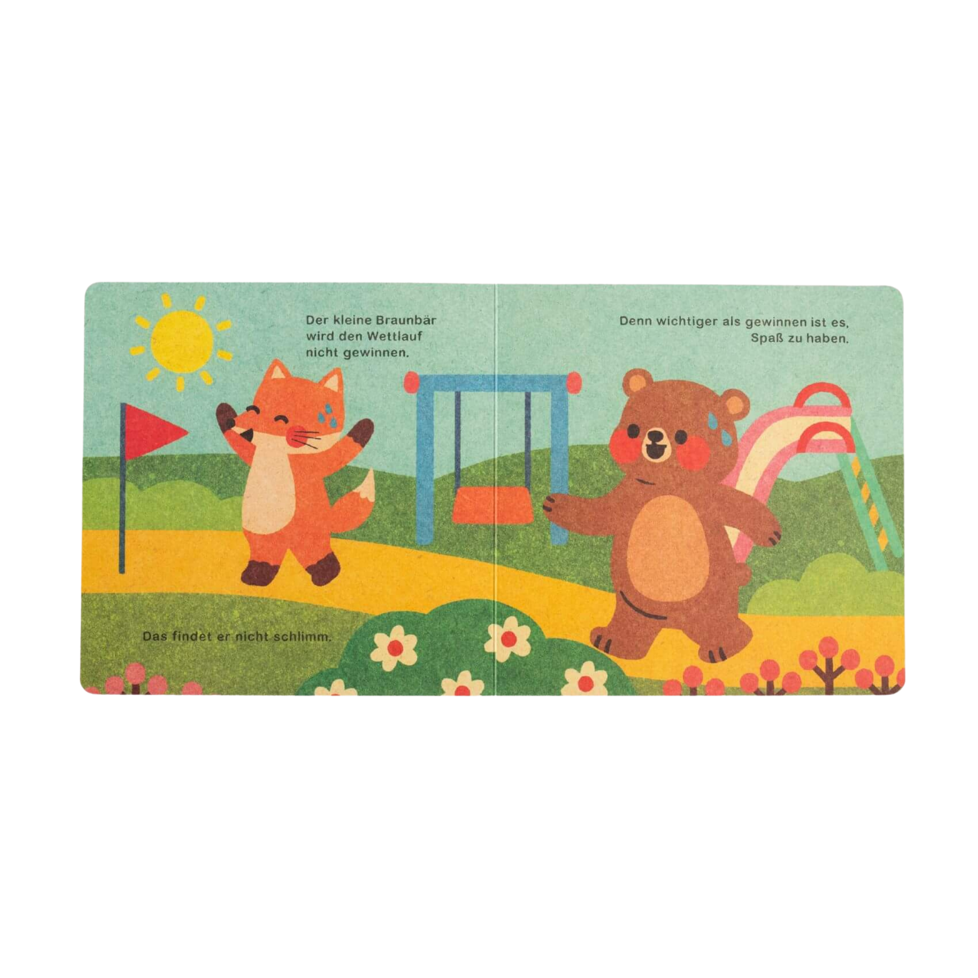 Die Kinderbuchseite "Fehler machen ist ok" von Annelies Draws zeigt einen lächelnden, winkenden Fuchs und einen glücklichen Bären auf einem sonnenbeschienenen Spielplatz mit Schaukeln, einer Rutsche, Blumen und einem Text im charmanten Retro-Stil.