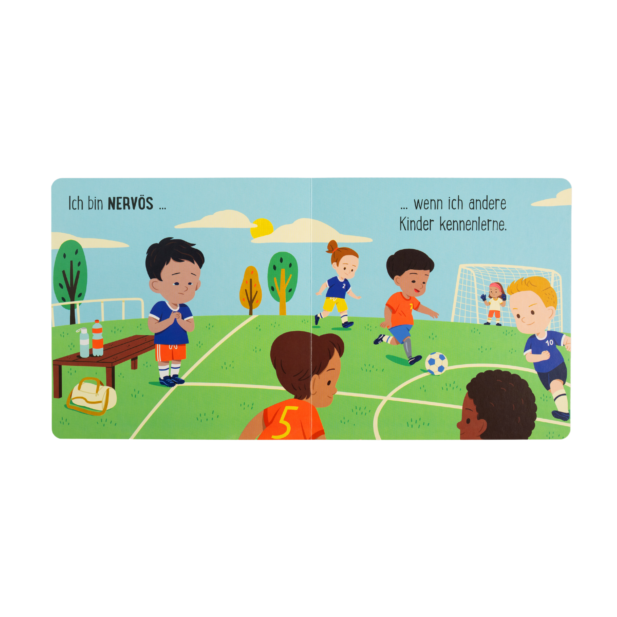 Eine Seite aus Susann Hoffmanns "Berufe sind für alle da & Gefühle sind für alle da" zeigt Kinder beim Fußballspielen, einige rennen, andere sitzen auf einer Bank. Der Text lautet: "Ich bin NERVÖS ... wenn ich andere Kinder kennenlerne.