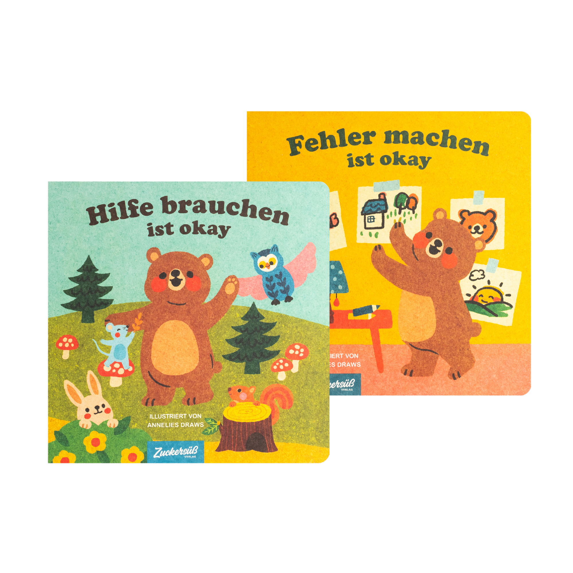 Zwei farbenfrohe Annelies Draws-Kinderbücher, "Hilfe brauchen ist okay" und "Fehler machen ist okay", zeigen lächelnde Tiere im Wald.