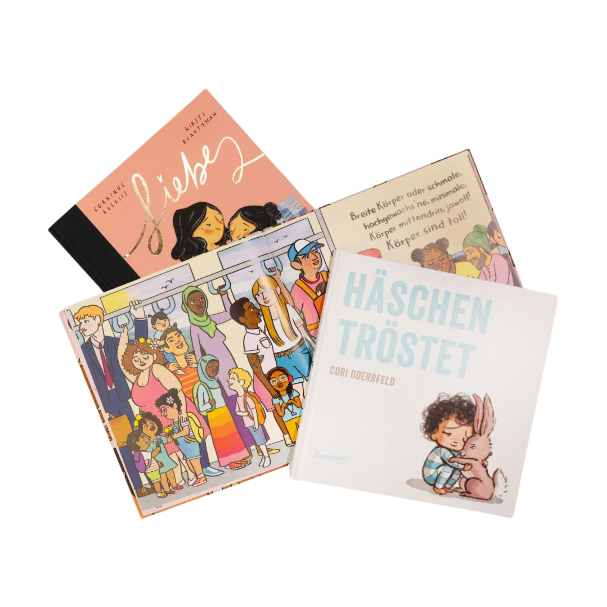 Drei illustrierte Kinderbücher aus dem “Bestseller-Set” des Zuckersüß Verlags liegen überlappend auf hellem Untergrund. Das Buch „Körper sind toll“ ist aufgeklappt und zeigt eine bunte U-Bahn-Szene, daneben sind die Cover von „Liebe“ und „Häschen tröstet“ zu sehen.