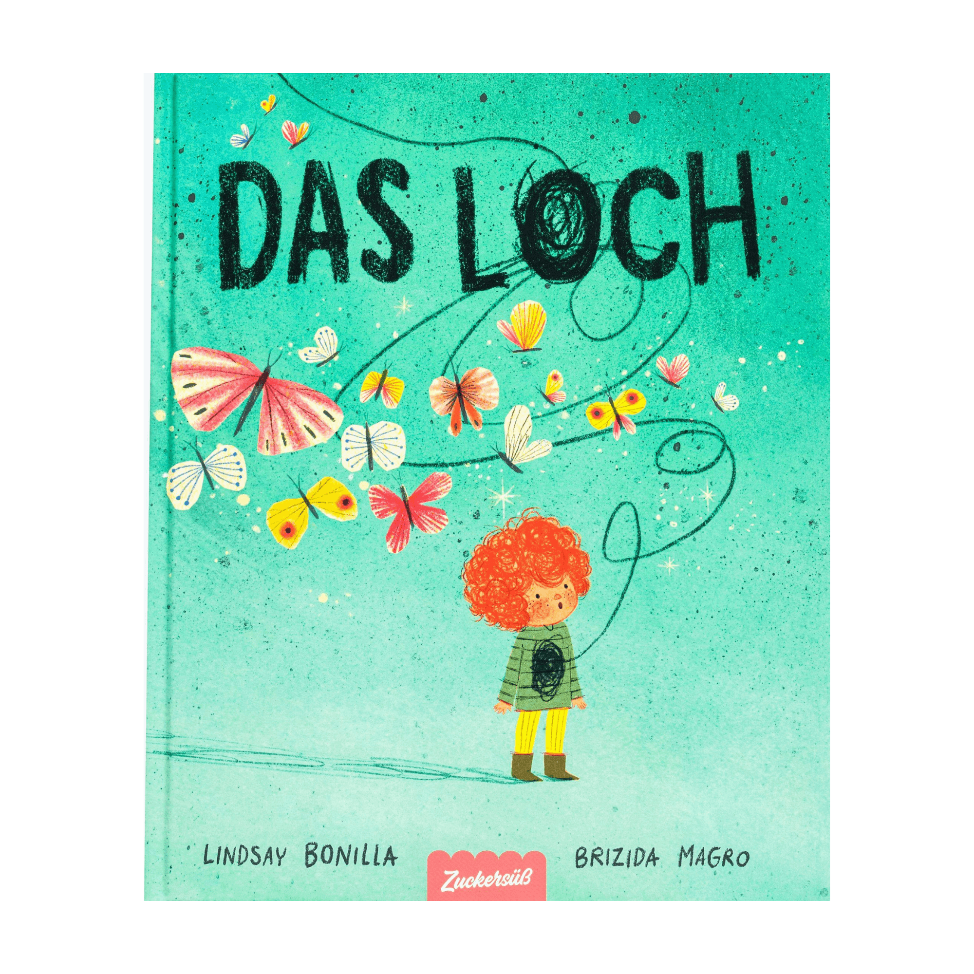 Das Cover von Das Loch von Lindsay Bonilla zeigt ein rothaariges Kind unter leuchtenden Schmetterlingen auf einem blaugrünen Hintergrund, der für Erinnerung und Heilung steht. Die Namen der Autoren erscheinen am unteren Rand.