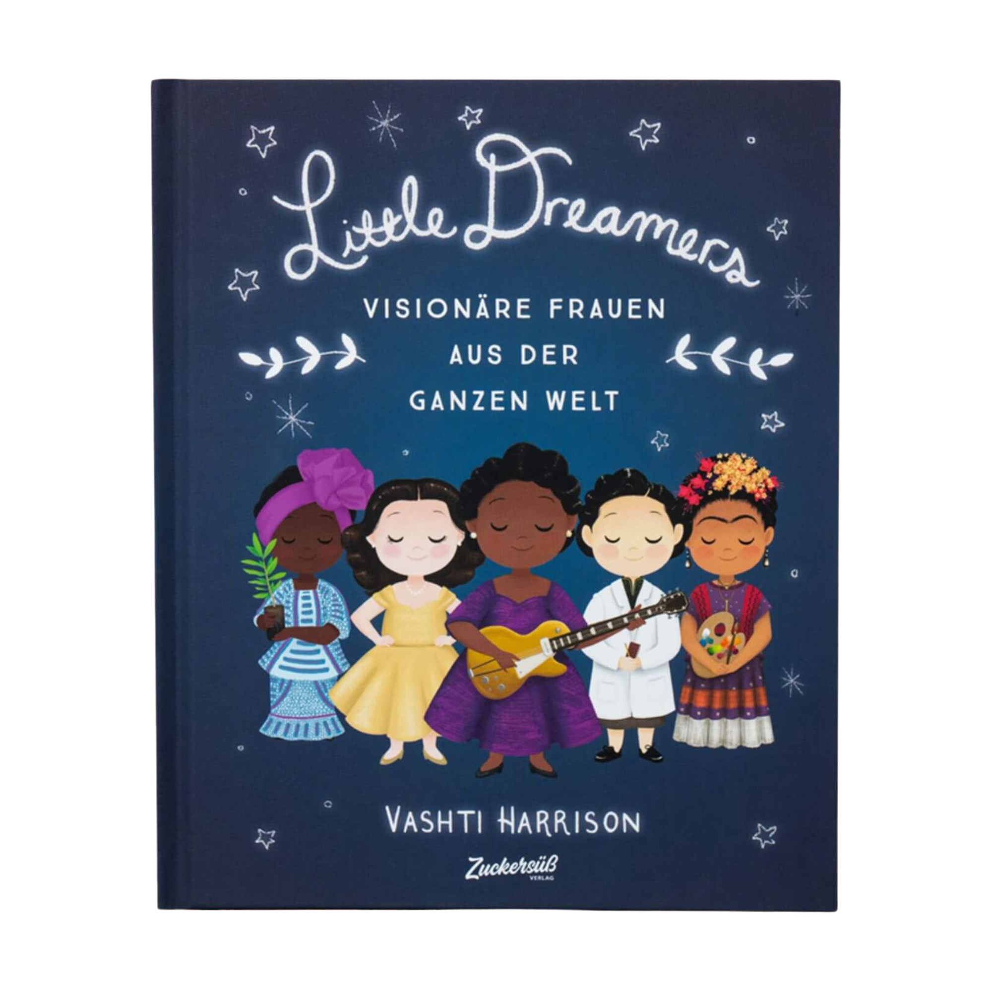 Das Cover von "Little Dreamers" von Vashti Harrison zeigt fünf illustrierte, außergewöhnliche Frauen auf einem dunkelblauen Hintergrund mit funkelnden Sternen.
