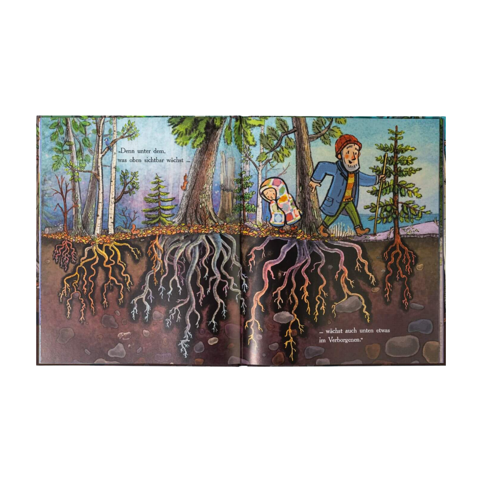 Eine illustrierte Doppelseite aus "Verborgen" von Cori Doerrfeld zeigt zwei Kinder, die in einem Wald spazieren gehen, in dem Wurzeln und Leben verborgen sind. Der Text verrät: Auch unter dem, was nicht sichtbar ist, liegt etwas verborgen.